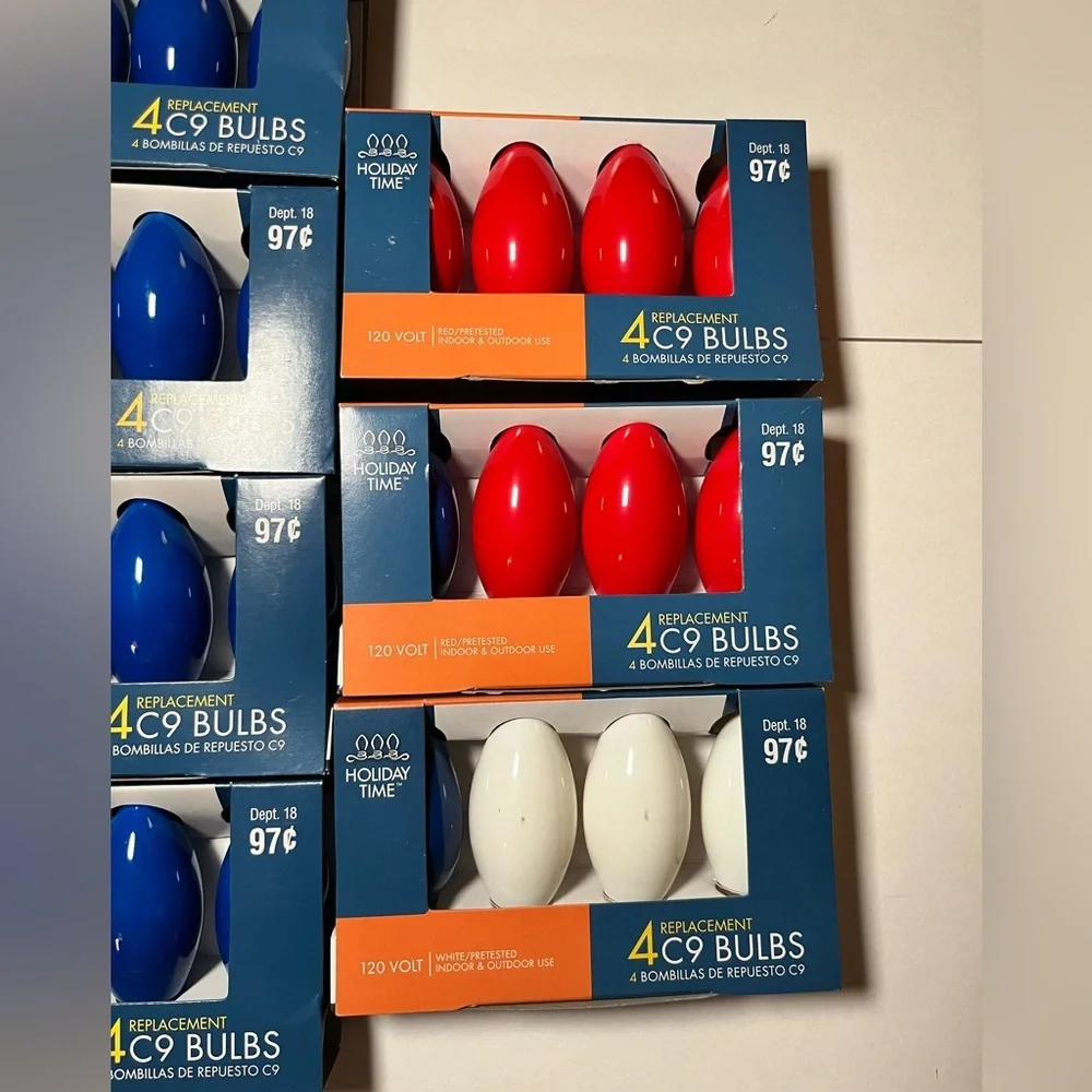 Lot of 12 Holiday Time C9 Replacement Bulbs Red White Blue NOS